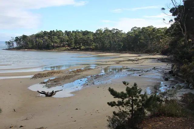 Calm water and shoreline of Daniel's Bay at Lunawanna, South Bruny
