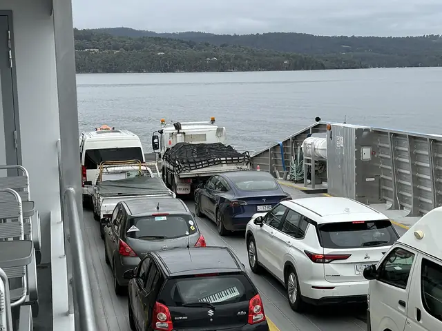Cars parked on the deck of the Bruny Island ferry crossing D'Entrecasteaux Channel
