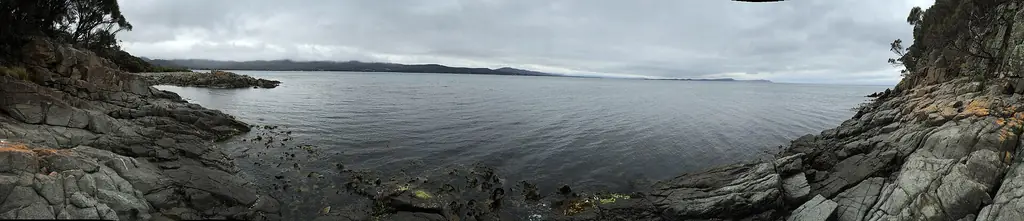 Panorama from the Fluted Cape Track in South Bruny National Park over Adventure Bay