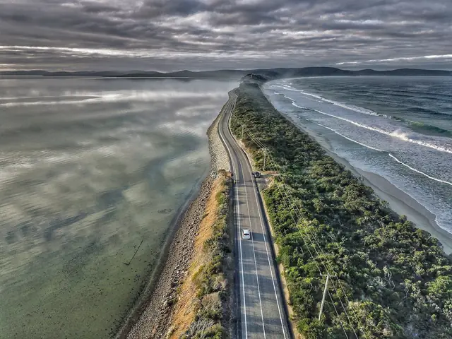 Aerial view of the narrow isthmus (The Neck) joining North and South Bruny Island