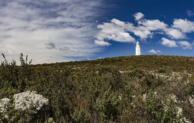 Rugged South Bruny coastline with Cape Bruny Lighthouse in the distance