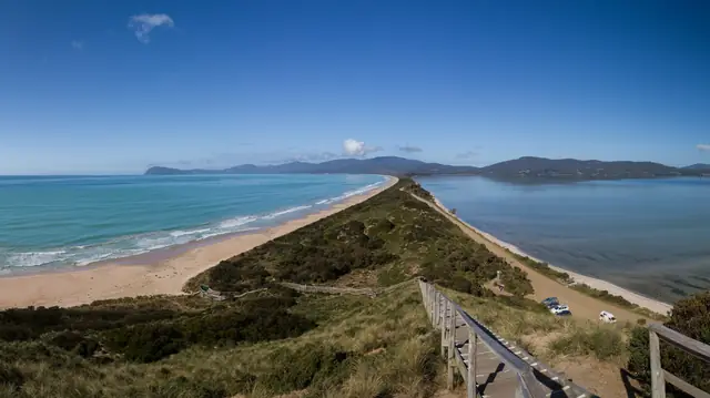 The Neck isthmus on Bruny Island seen from The Neck lookout, looking south towards Adventure Bay